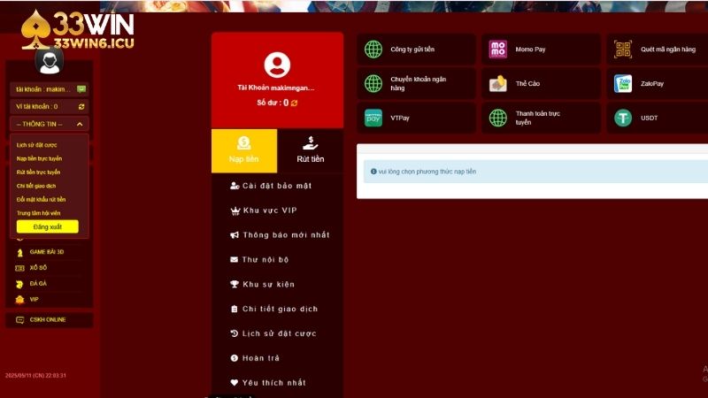 Hướng dẫn nạp tiền 33Win đơn giản, dễ dàng